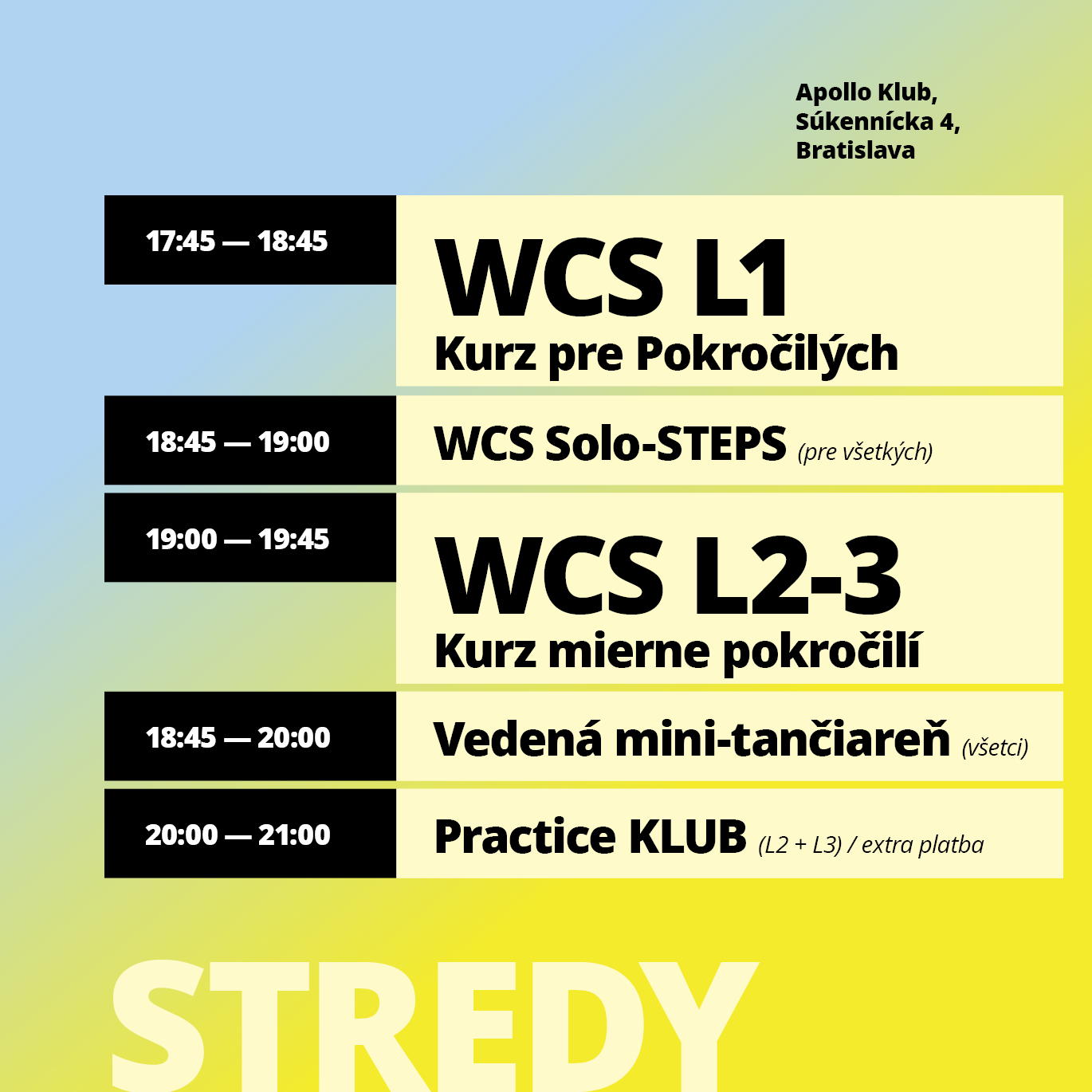 Rozvrh west coast swing lekcií v stredy