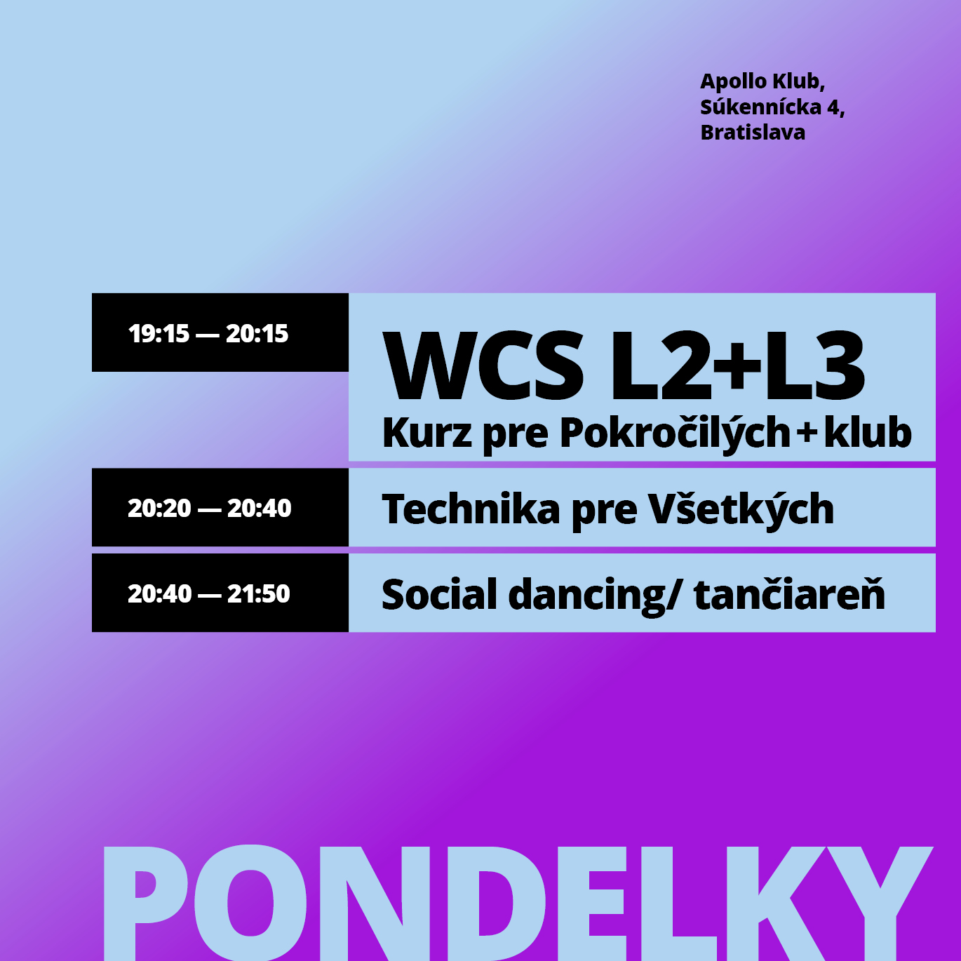 Rozvrh west coast swing lekcií v pondelok